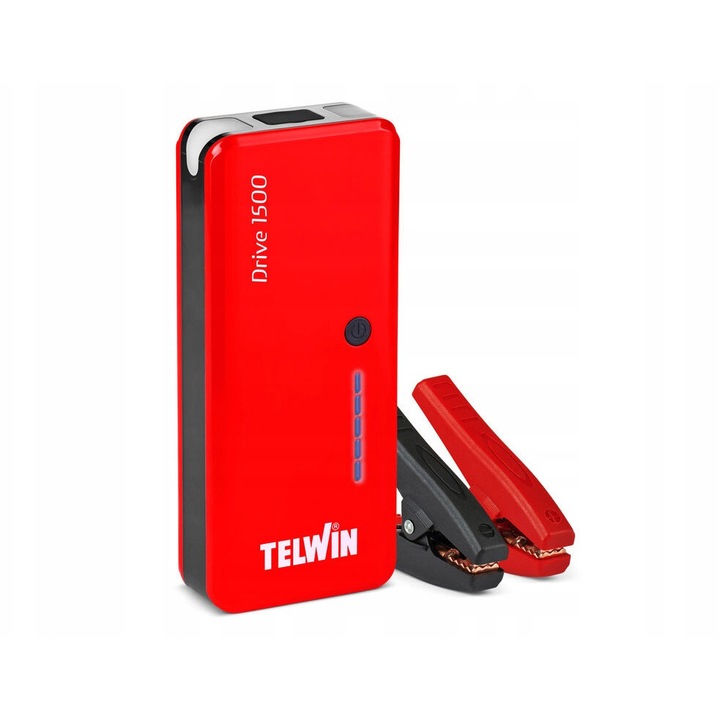 Telwin DRIVE 1500 Indítóbika, 12000mAh, 450A, 2 USB kimenet, 230V, komplett készlet
