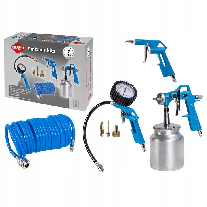 Set accesorii pneumatice Airpress, 7 piese, pistol de vopsit, pistol de pompare, pistol de suflare, 3m furtun, multicolor