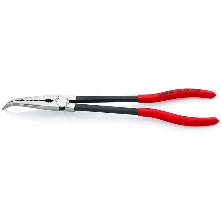 Knipex 28 81 280 szerelőfogó, hajlított csúcs, keskeny félkerek csúcs, fogazott markolat, edzett acél, piros, 1 db