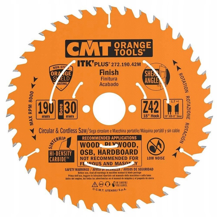 Disc de ferastrau circular pentru lemn CMT 272.190.42M, ultrafin, 42 dinti pentru taiere transversala, acoperire PTFE, 190 mm, diametru gaurii 30 mm, portocaliu, 1 buc