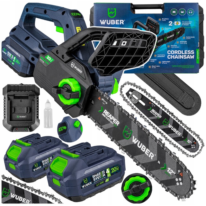 Верижен трион Wuber Share + System, 2x батерия 20V 4.0Ah, 12" (30см), тегло 3.2кг