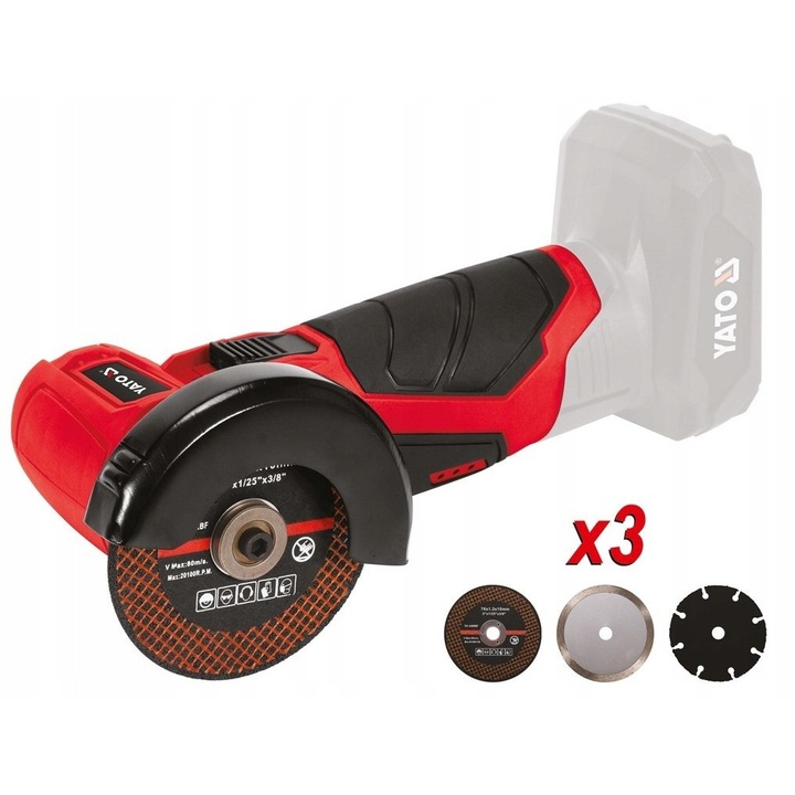 Polizor unghiular Yato YT-82905, fara perii (brushless), 12V, disc 76mm, 19500 rpm, 3 discuri incluse (corind pentru metal, diamant pentru ceramica, wolfram pentru lemn), Rosu/Negru, fara acumulator si incarcator
