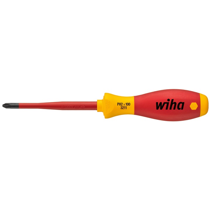 Отвертка (wkretak) Wiha slimFix 35394 PH2 x 100, изолирана VDE 1000V, ергономична дръжка SoftFinish slimTECHNOLOGY, червено/жълто, 1 бр.