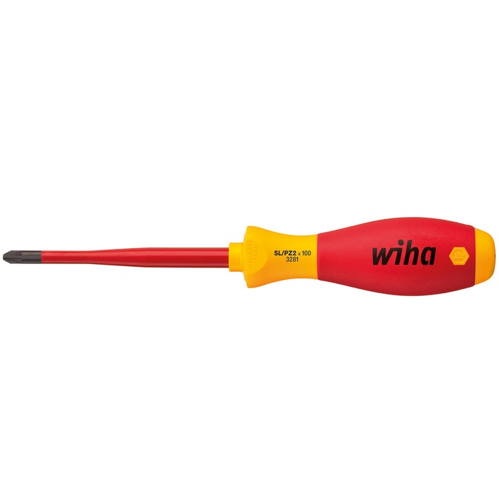 Отвертка Pozidriv Wiha slimFix SL/PZ1 80мм, дръжка SoftFinish, изолирана до 1000 V, червено/жълто