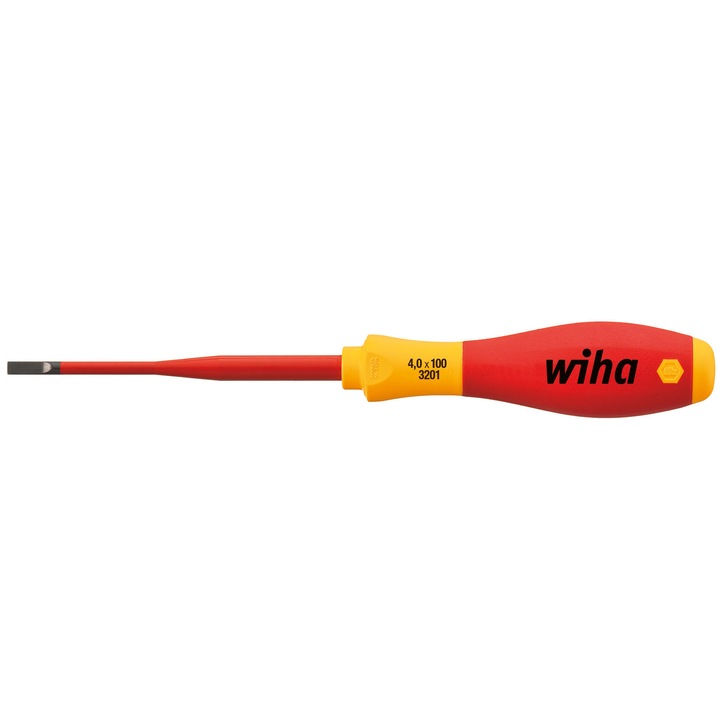 Отвертка Wiha SoftFinish SlimFix 35390, VDE изолирана 1000 V, плосък накрайник 4 x 0,8 x 100 мм, червен/жълт