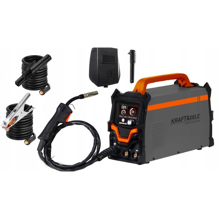 Aparat de sudura invertor (semiautomat) Kraft&Dele KD3421, MIG (flux)/MMA/TIG 220A, tehnologie IGBT, afisaj LCD, suport fir 0.8/0.9 mm, electrozi 1.6-4 mm, gri/portocaliu, 1 buc