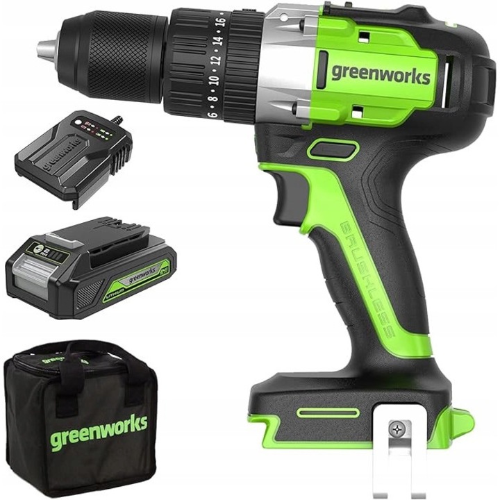 Aparat de gaurit cu percutie Greenworks GD24DD60K2, 60 Nm, 24V, 2 Ah, gri, verde, negru, set cu baterie si incarcator