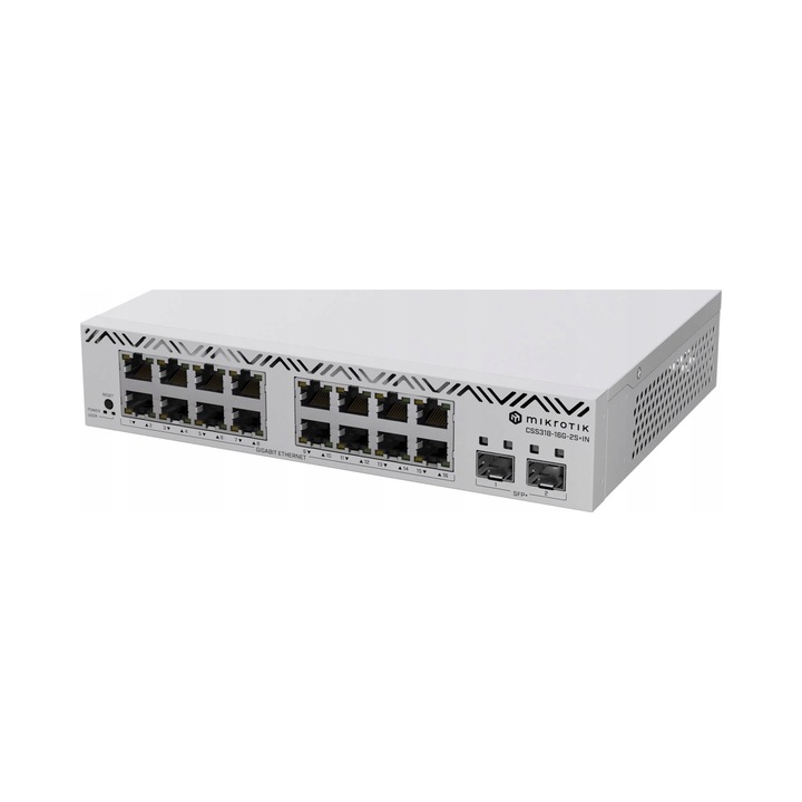 MikroTik CSS318-16G-2S+IN menedzselhető switch, 16 Gigabit port, 2 SFP+ slot, fekete, 21.8x15.7x4.4cm