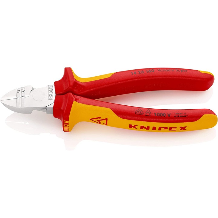 Knipex vágófogó, 160mm, 1000V-ig szigetelt, krómozott fejjel, szigetelés eltávolításához