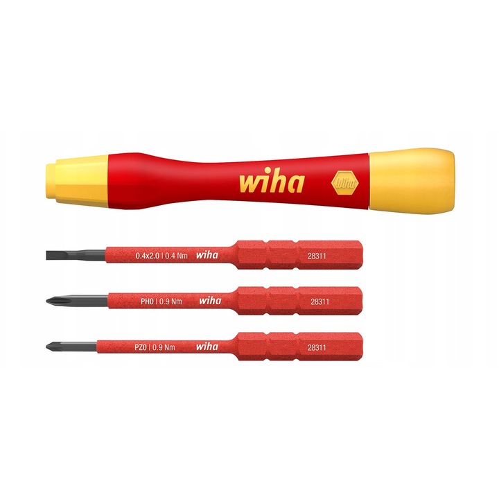 Комплект от 4 части прецизна отвертка с взаимозаменяеми накрайници Wiha slimVario electric, изолирана до 1000 V, дръжка Softgrip, накрайници slimBit 2.0 mm/PH0/PZ0 75 mm, червен/жълт