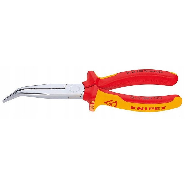 Knipex 26 26 200 hajlított félkerek csőrű fogó, VDE 1000 V szigetelt, kovácsolt vanádium acélból, huzalvágás O 3,2/2,2 mm, 200 mm, piros/sárga, 1 db