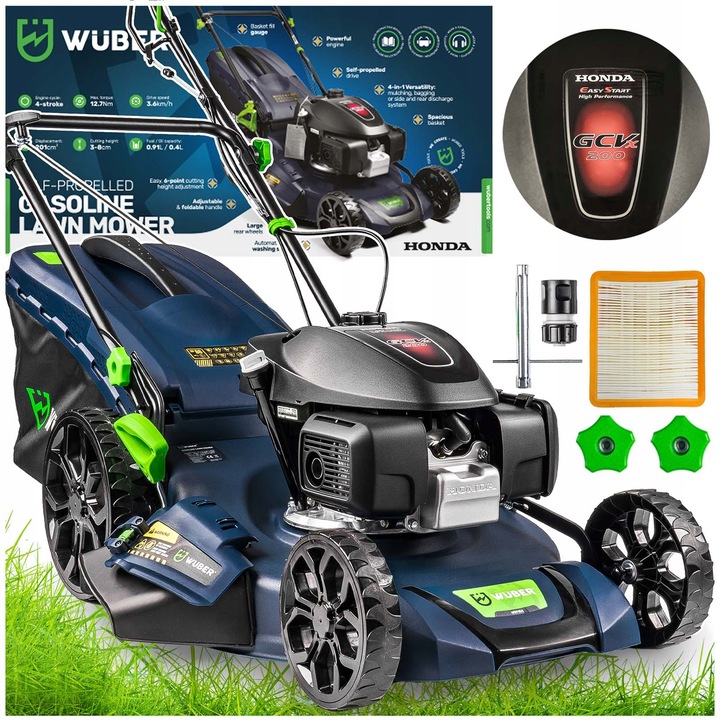 Косачка Wuber, двигател Honda 5,7 к.с., ширина 51 см, кош 70 л, височина на косене 30-80 мм, пълен комплект