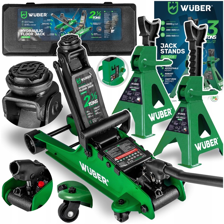 Wuber autóemelő készlet, alacsony profilú emelő 2,5T 80-375mm + bakok 3T 280-425mm, szállítótáskával, gumi védelemmel