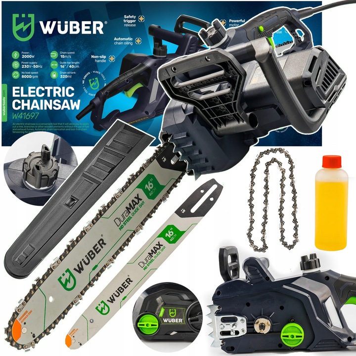 Електрически верижен трион Wuber 2000W, 16", 8000 RPM, пълен комплект