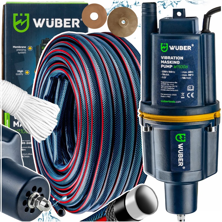 Потопяема помпа Wuber 460W, 1080 л/ч, максимален напор 60м, комплект с армиран маркуч 3/4" 30м