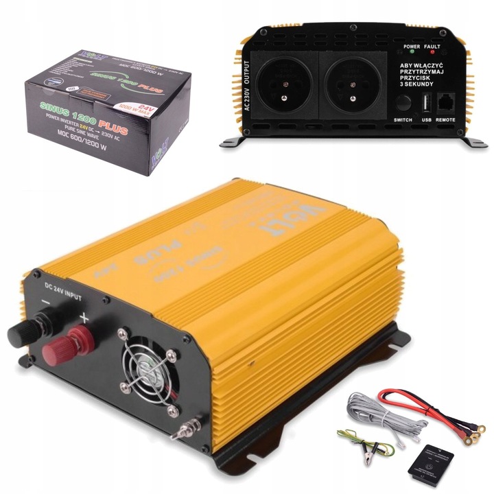 Inverter Volt Polska Sinus Plus 1200, 24V/230V, folyamatos teljesítmény 600W, csúcsteljesítmény 1200W, 1x USB, 2 AC aljzat, sárga, 1 db