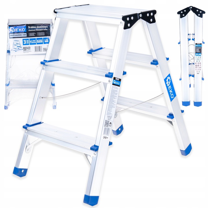 Scara de lucru Geko, 3 trepte, 150kg, aluminiu, compacta, 2x3