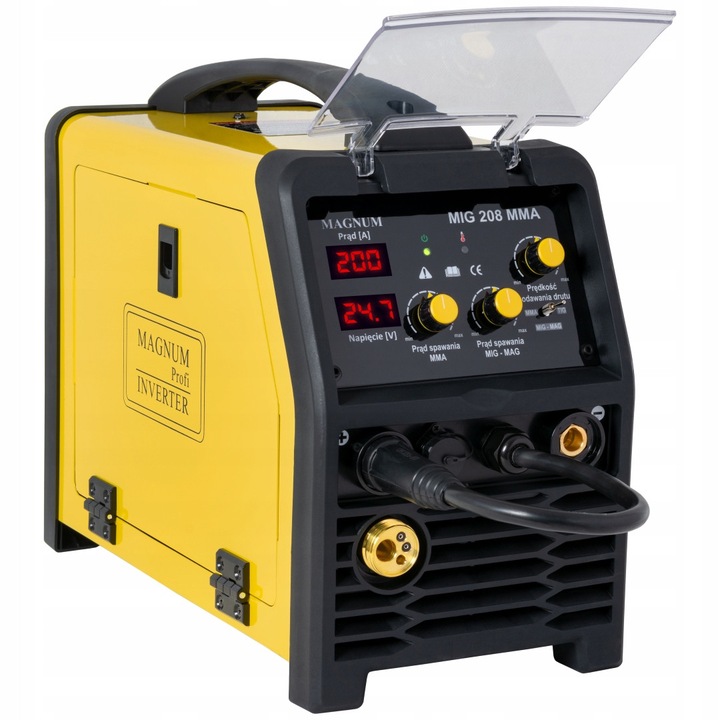 Magnum MIG 208 MMA NV hegesztőgép, IGBT inverter, MIG/MAG/MMA/TIG hegesztés, gáz nélküli hegesztés funkció (FCAW), 230V, 200A, sárga/fekete, 16 kg