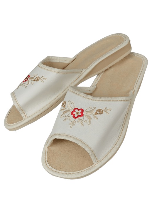 Papuci de casa dama primavara-toamna, din piele naturala alba, brodati floral, talpa medie confortabila, 37 EU
