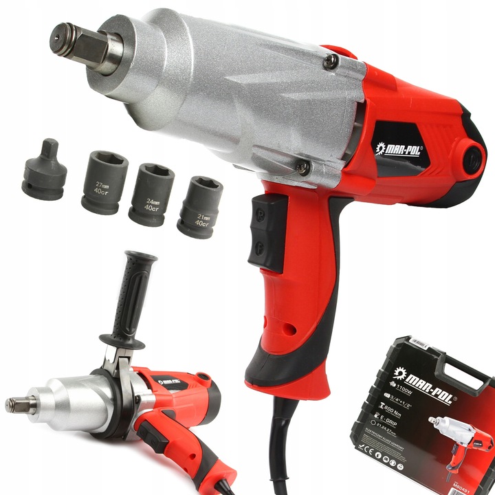 Cheie electrica cu impact 3/4" + 1/2" Mar-Pol, 800 Nm, 230 V, set 3 capete 21mm, 24mm, 27mm