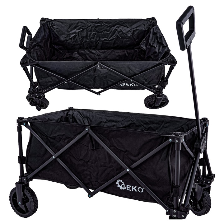 Carucior de transport pliabil Geko 127L 100kg, negru, pentru gradina si plaja, cu roti de 17cm