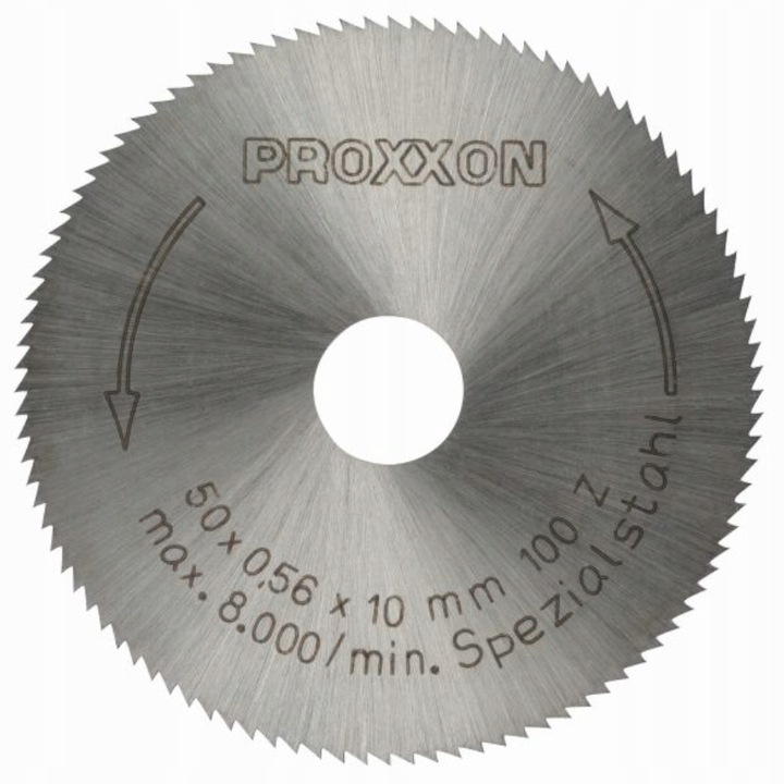 Proxxon PR28020 vágótárcsa, HSS gyorsacél penge volfrámmal, vanádiummal és molibdénnel, O 50 mm, rögzítőfurat 10 mm, vastagság 0,5 mm, 100 fog, alumíniumhoz, sárgarézhez, rézhez, ezüsthöz, 1 db