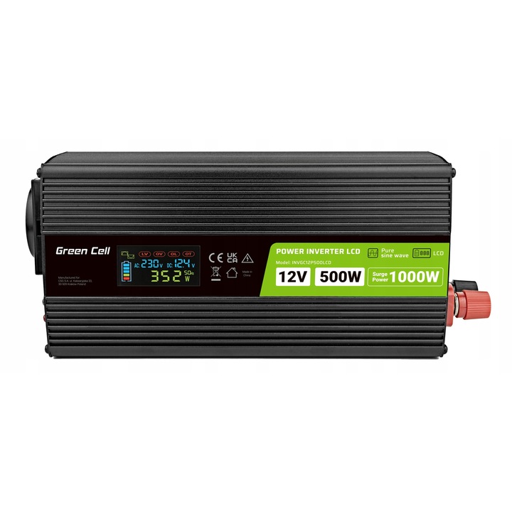 Invertor auto Green Cell 12V 500W 230V LCD negru 1xUSB 1xpriza