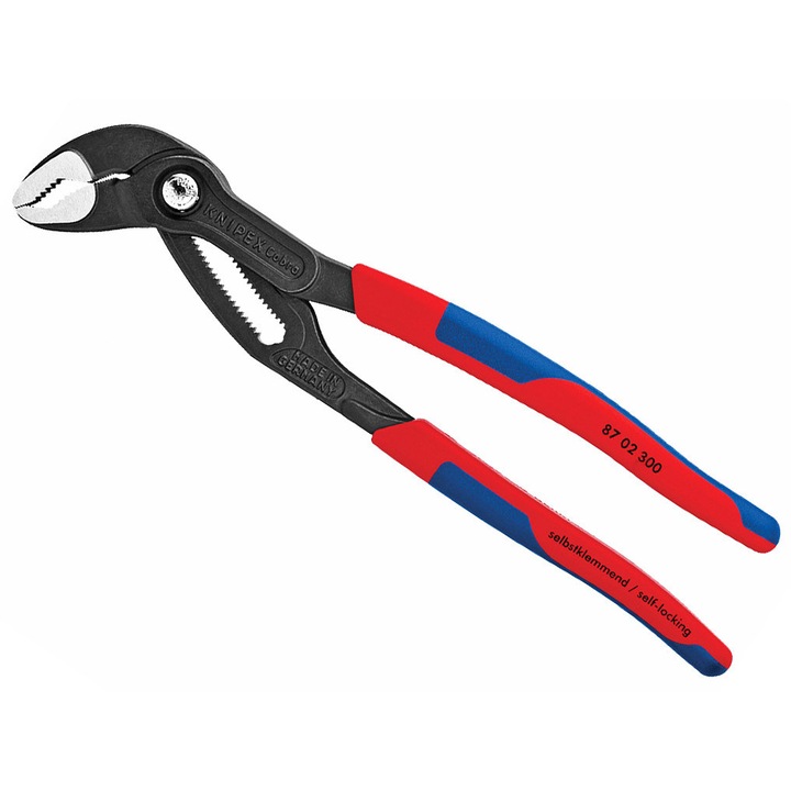 Knipex Cobra 87 02 300 állítható csőfogó, többkomponensű markolat, önzáró gyorsállítással 30 pozícióban, króm-vanádium acélból kovácsolt és edzett, Multicolor, 300 mm