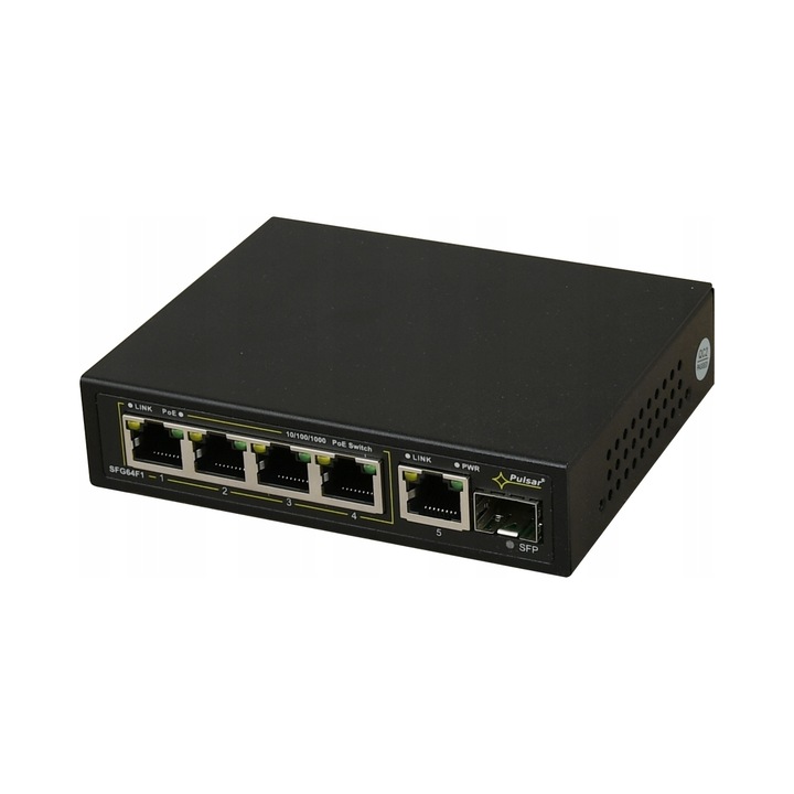 Pulsar SFG64F1 6-portos PoE Switch 4 IP kamerához, 10/100/1000 Mb/s, 52V, méretek 118x28x95mm
