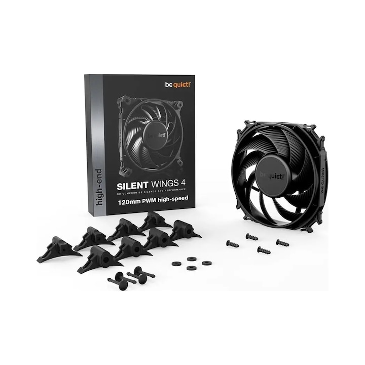 Ventilator PC/ventilator pentru carcasa be quiet! Silent Wings 4 120mm PWM high-speed, presiune statica ridicata, montare anti-vibratii, foarte silentios 31,2 dB(A), negru, 1 buc