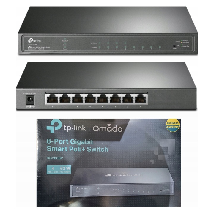 TP-Link SG2008P switch, 8 gigabit port, 4 PoE+ port, 62W, 209x126x26mm