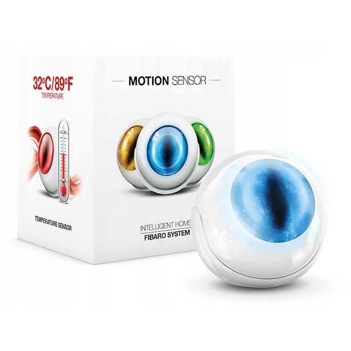 Senzor de miscare FIBARO FGMS-001, multisenzor (miscare, temperatura, luminozitate), compatibil Z-Wave, detectare vibratii anti-sabotaj, alb, 1 buc