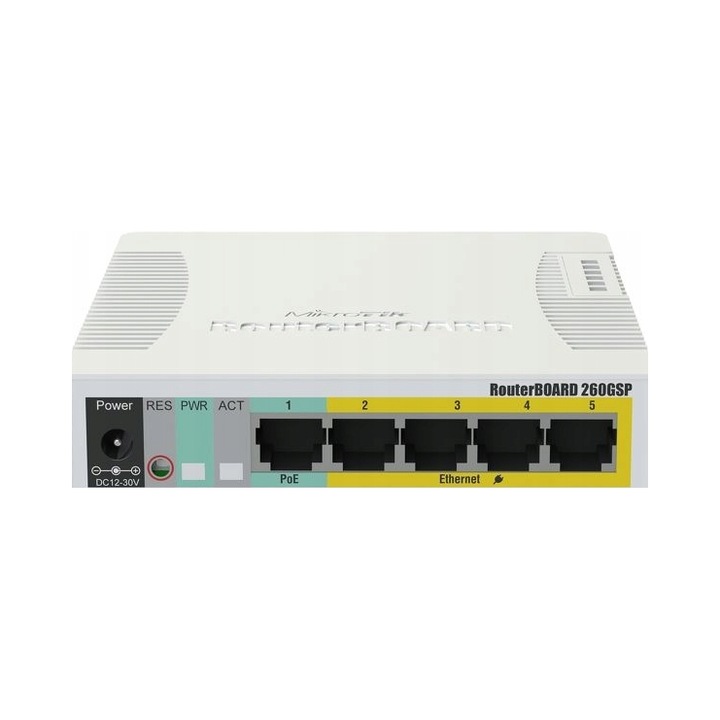 Switch cu management MikroTik RB260GSP, 5x Gigabit Ethernet, 1x SFP, 4x PoE pasiv, 113x139x28mm