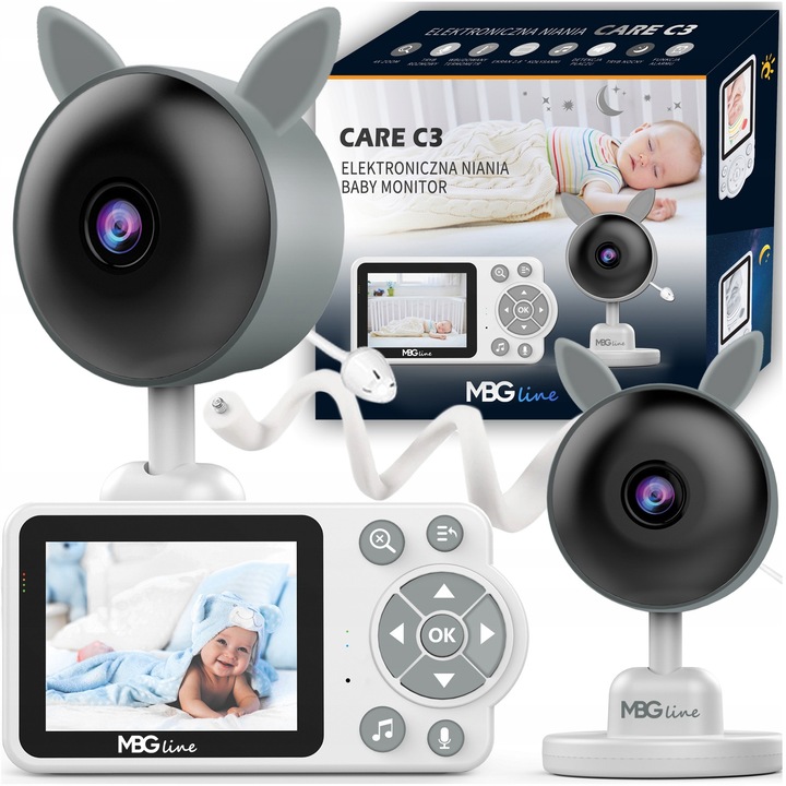 Електронен бебефон MBG Line CARE C3, 2.8'' цветен LCD екран, VGA 480p камера с нощно виждане IR 940nm, VOX и 2x/4x увеличение, 2600mAh батерия, сив/бял