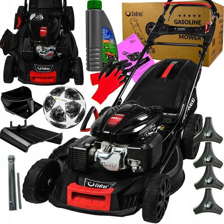 Benzines fűnyíró Cedrus 53cm, Loncin 196cm3 motor, 4 az 1-ben, 65L fűgyűjtő, komplett szett