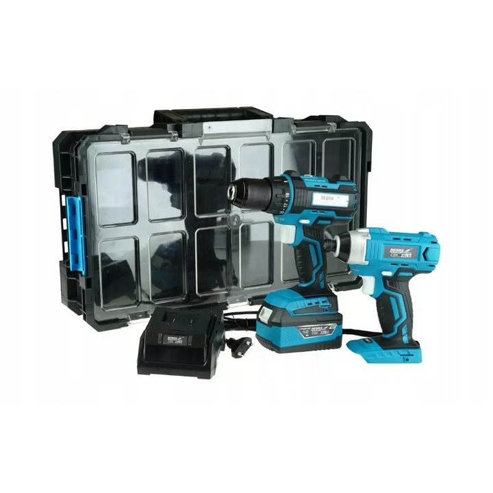 Dedra N0303G03 elektromos szerszámkészlet, fúró 18V, 50Nm, csavarozó 110Nm, akkumulátor 4Ah, szállítódoboz 526x307x126mm