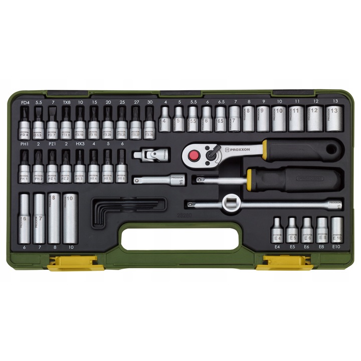 Set mecanica de precizie Proxxon 23280, 49 piese, 1/4, 4-13 mm, cu cheie cu clichet