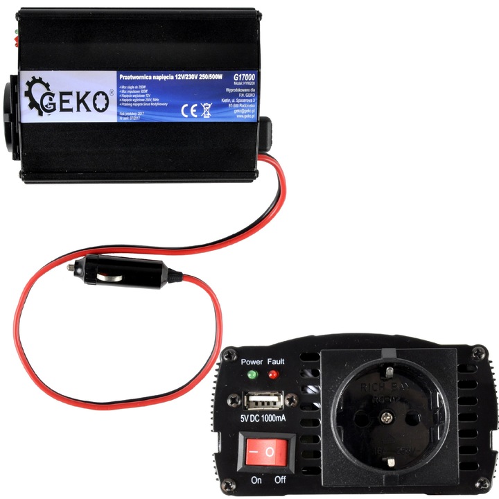 Inverter auto Geko 12 V 250 W 500 W, protectie la suprasarcina, 0,65 kg