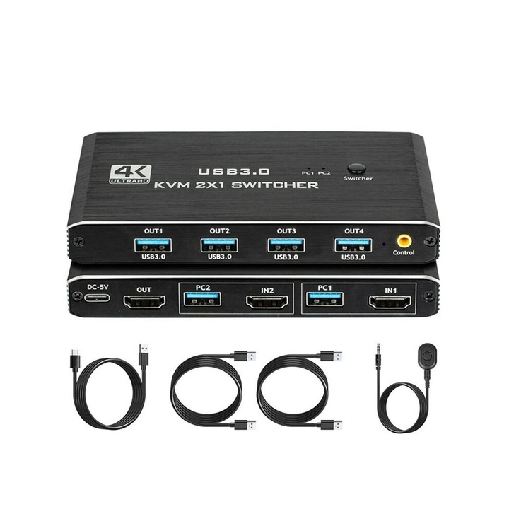 Commutator KVM 2 PC 1 Monitor, USB 3.0, 4K 60Hz, Negru, Set cu 3 cabluri USB si telecomanda