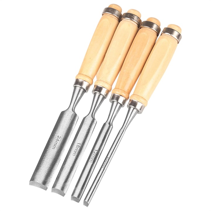 Set de 4 ciocane si dalti din metal si lemn, dimensiuni 6x12x18x24mm, design ergonomic