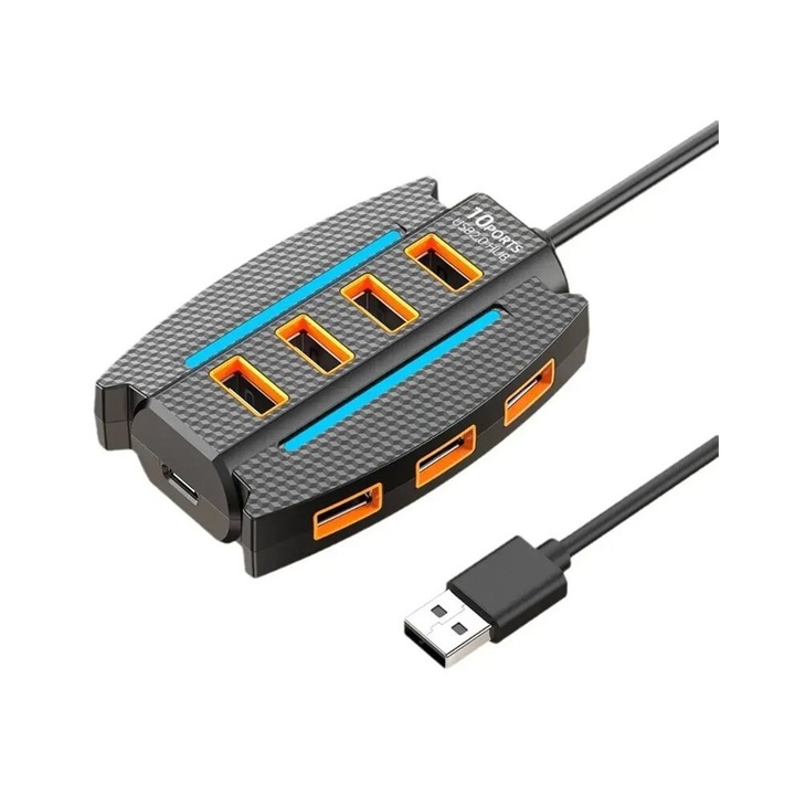 USB 2.0 Hub 10 az 1-ben, RGB háttérvilágítás, adatátviteli adapter, PC-hez