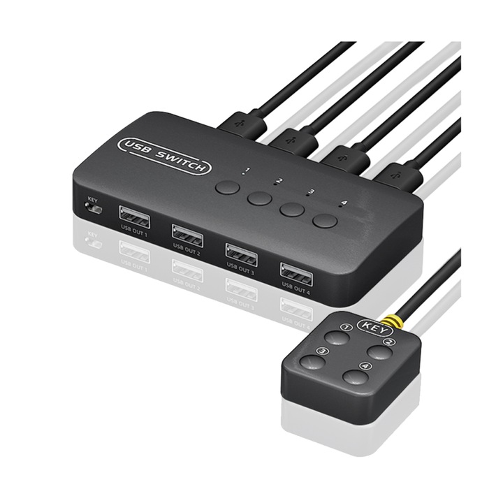 USB KVM kapcsoló, 4 bemenet 4 kimenet, fekete, adapter készlet