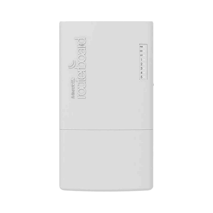 Router extern MikroTik PowerBox Pro, 5 porturi Gigabit Ethernet, PoE, alb, 125x52x225mm
