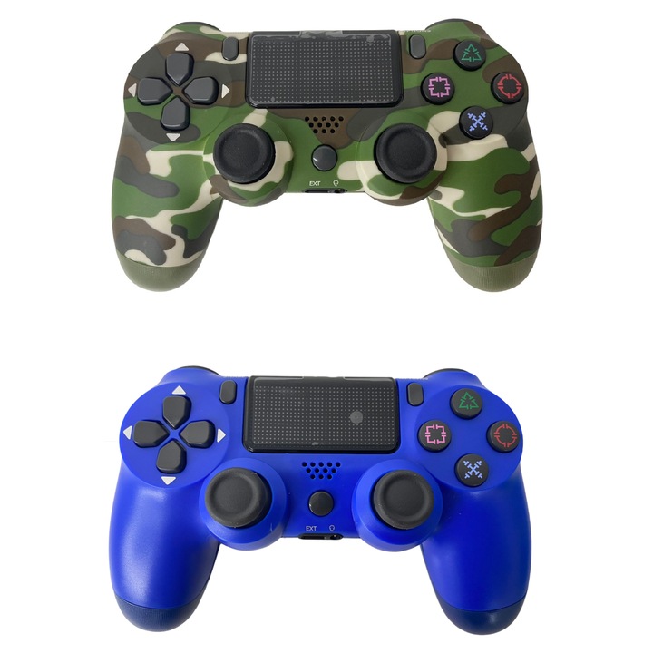Set 2 Controllers wireless, PS4, PS-TV si PS Now, Double Shock – Touch Pad, Serie-Compatible AM-13, laptop, pad, phone, cu vibratii, cablu incarcator inclus, verde camuflaj, albastru HAPPY JOKER®