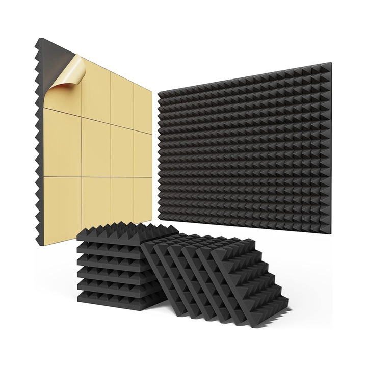 24 db öntapadós akusztikus panel készlet, piramis design, 30x30x5cm, fekete