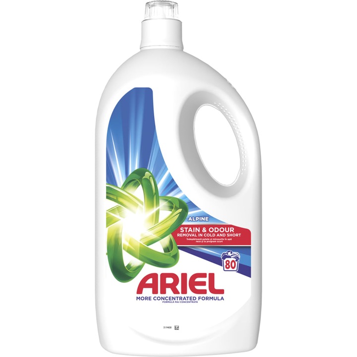 Detergent lichid pentru rufe Ariel Alpine 3.6L, 80 spalari – curatare profunda si prospetime alpina