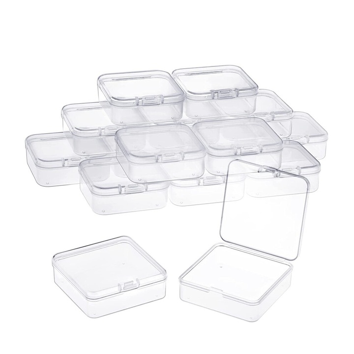 Set de 16 cutii depozitare din plastic transparent cu capac, 5,6x5,6x2 cm, pentru bijuterii si obiecte mici