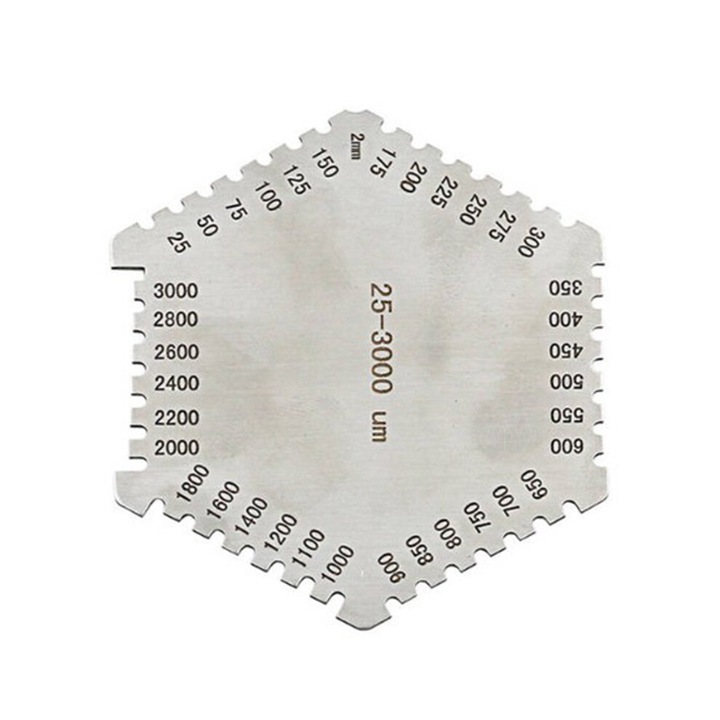 Peigne hexagonal din otel inoxidabil pentru film umed, 25-3000 m, argint, 74x65x37,5 mm, set 1 masurator de grosime