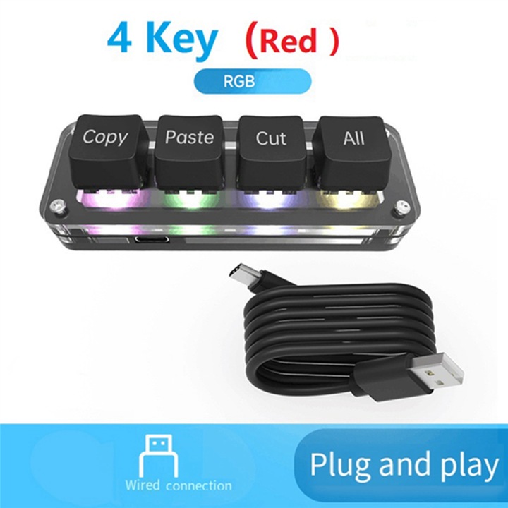 Mini tastatura mecanica RGB cu 4 taste, functii rapide, cablu USB-C detasabil, dimensiuni ultra-mici
