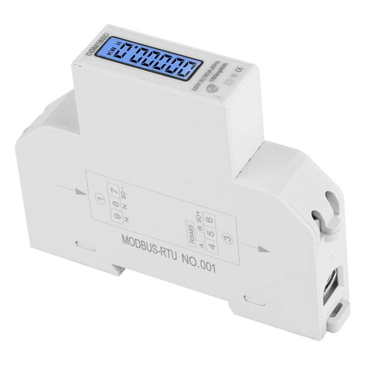 Egyfázisú energiamérő DDM18SD, 5-100 A, 220 V, RS485 MODBUS, LCD kijelző, DIN sínre szerelhető